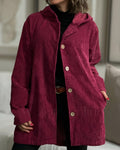 Damen Lange Cordjacke mit Kapuze und Knopfleiste in Rot