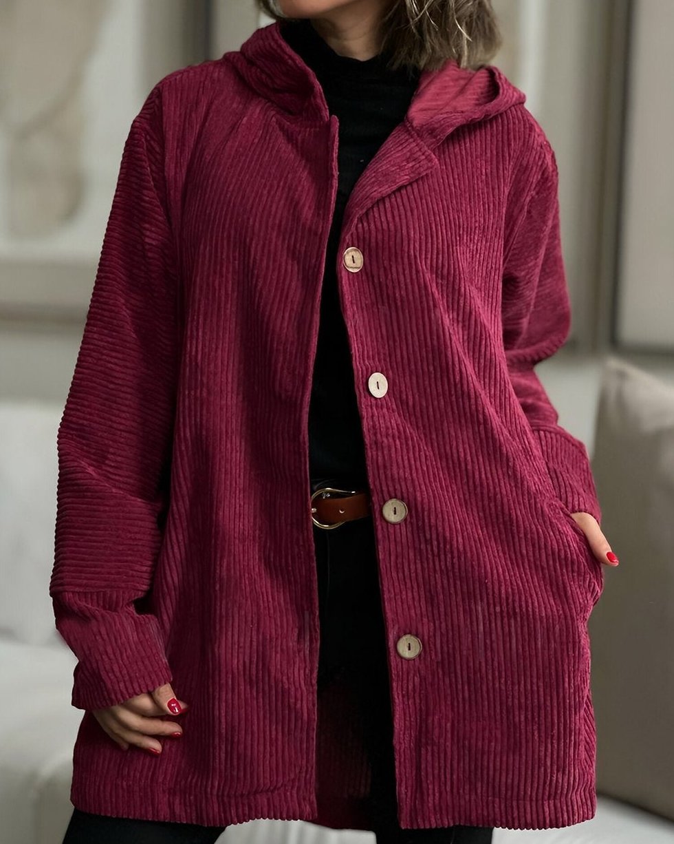 Bayer Modehaus - Damen Lange Cordjacke mit Kapuze und Knopfleiste in Rot