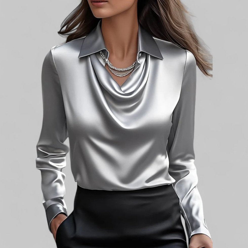 Bluse Damen Satin mit Wasserfallausschnitt und Manschetten