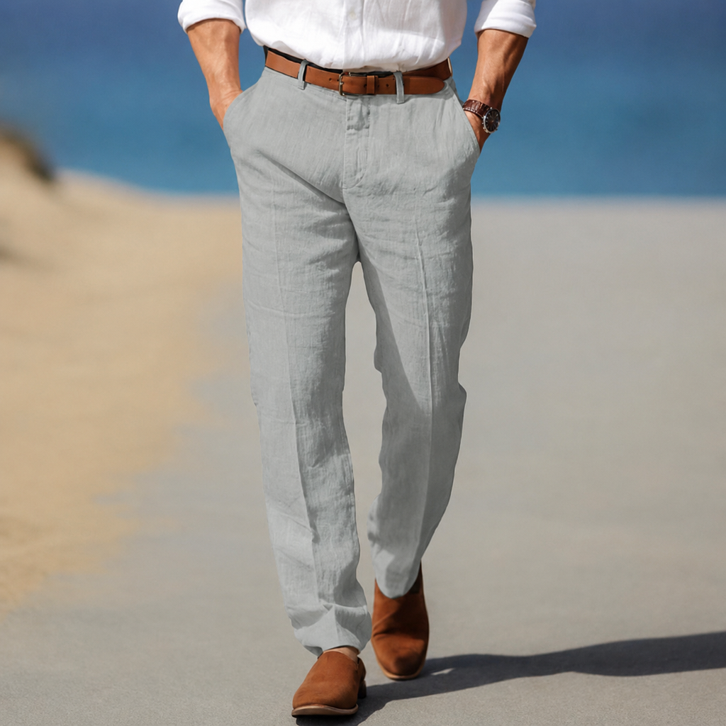 Herren Chinohose mit Bügelfalte und geradem Bein, Leinen-Optik