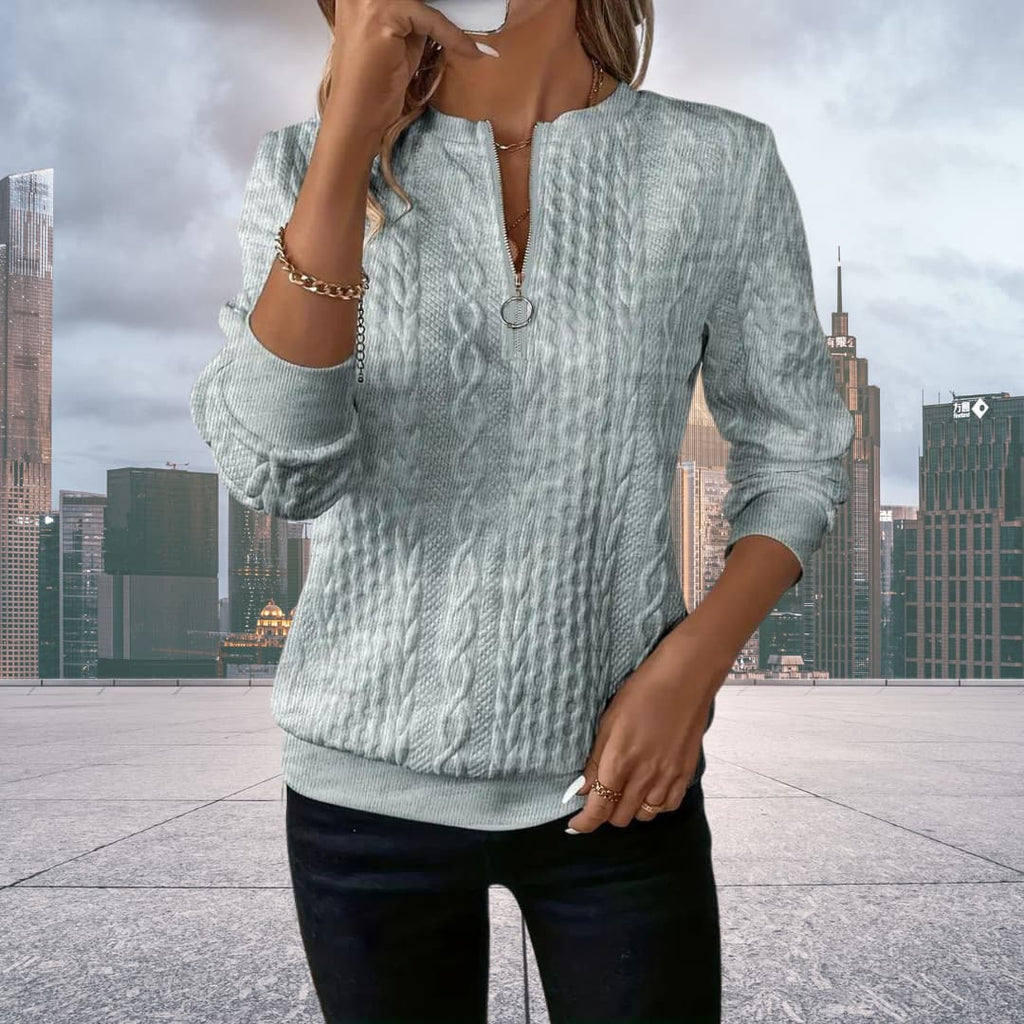 Damen Strickpullover mit Zopfmuster und Reißverschluss in Grau