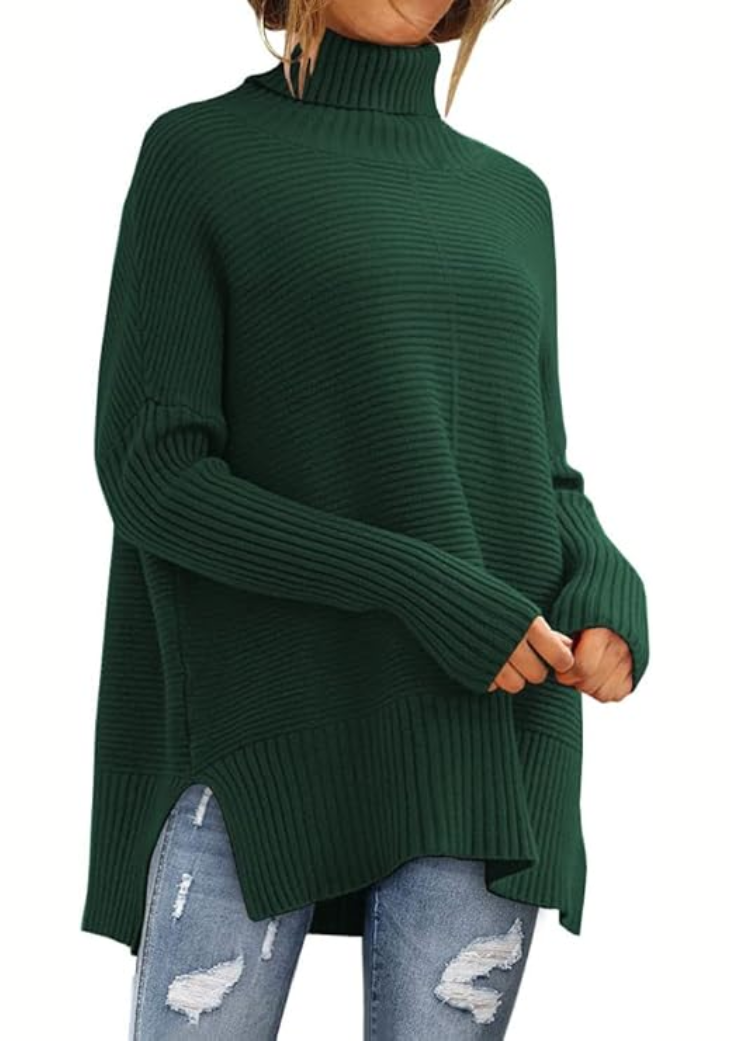 Damen Rollkragenpullover in Rippstrick mit Seitenschlitzen in Grün