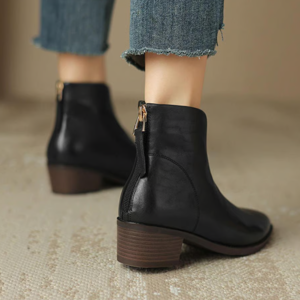 Stiefeletten Damen mit Blockabsatz und Reißverschluss in Lederoptik