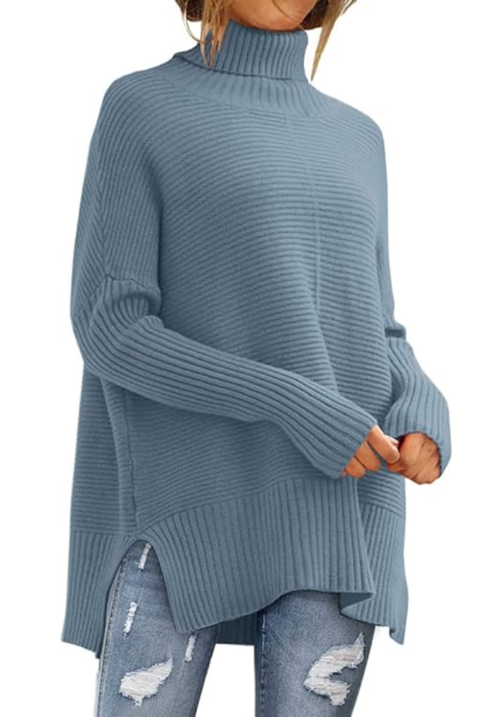 Damen Rollkragenpullover in Rippstrick mit Seitenschlitzen in Indigo