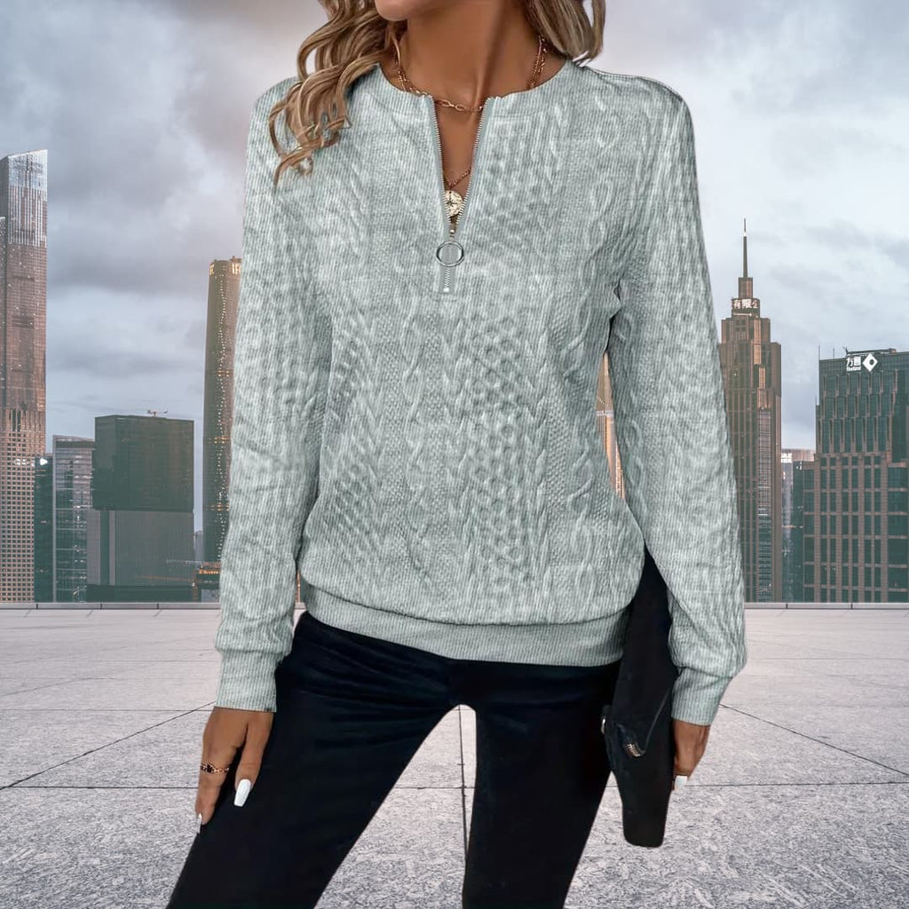 Damen Strickpullover mit Zopfmuster und Reißverschluss in Grau