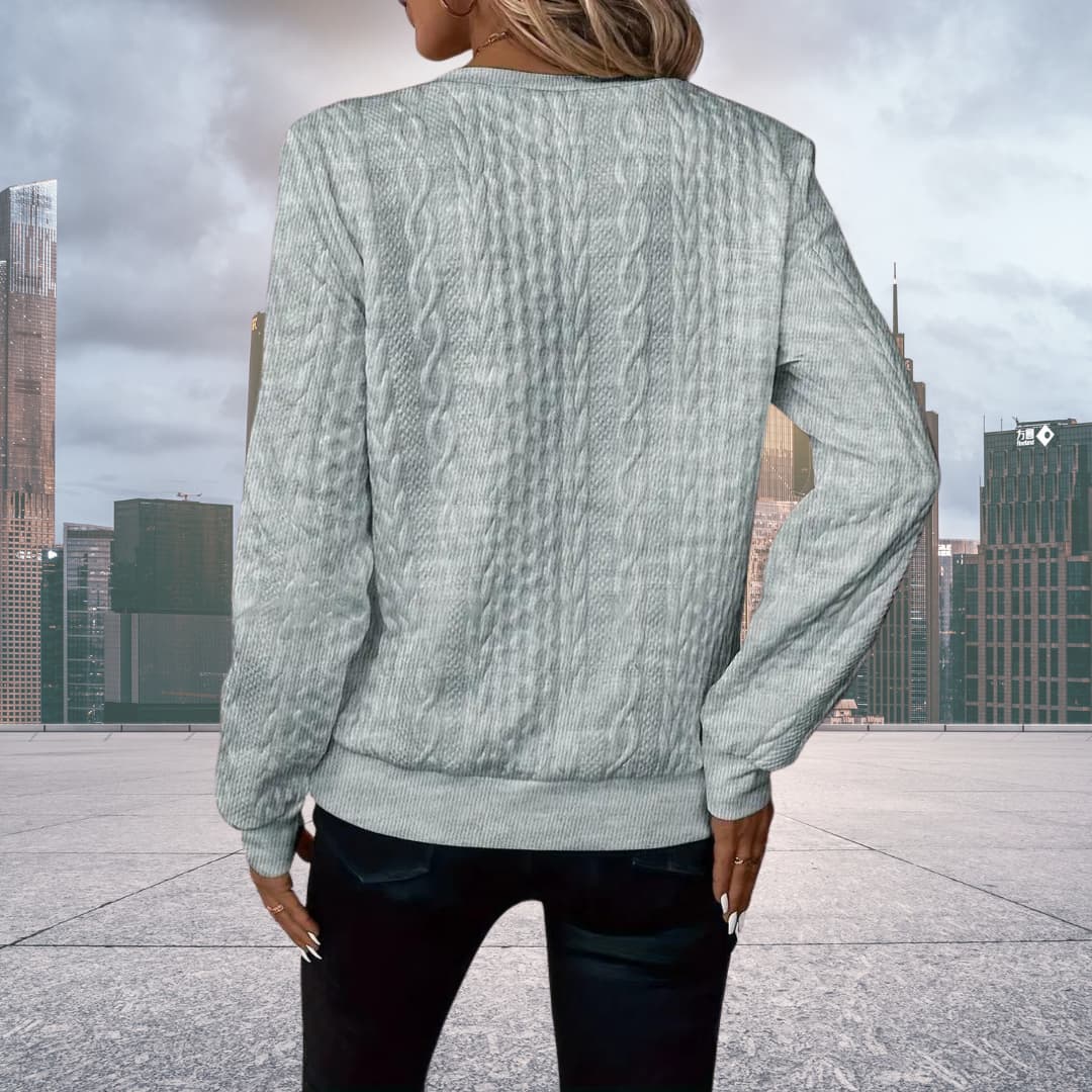 Damen Strickpullover mit Zopfmuster und Reißverschluss in Grau, Rückansicht
