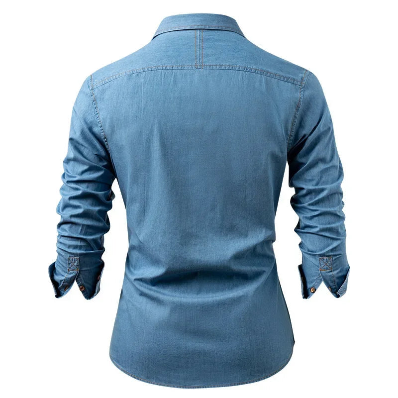 Herren Langarmhemd mit Kentkragen und Brusttasche, Denim-Optik