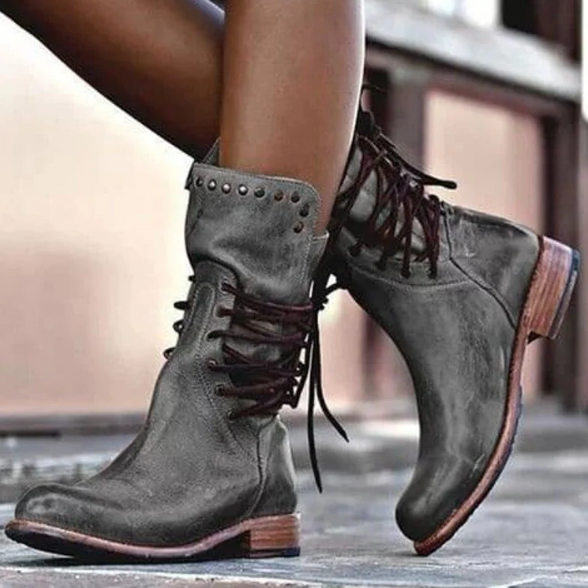 Stiefeletten Damen mit Schnürung, Nieten, Blockabsatz und Lederoptik