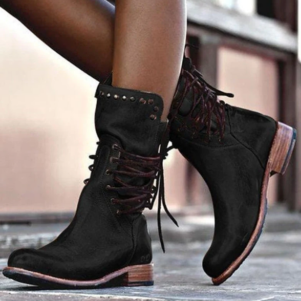 Stiefeletten Damen mit Schnürung, Nieten, Blockabsatz und Lederoptik