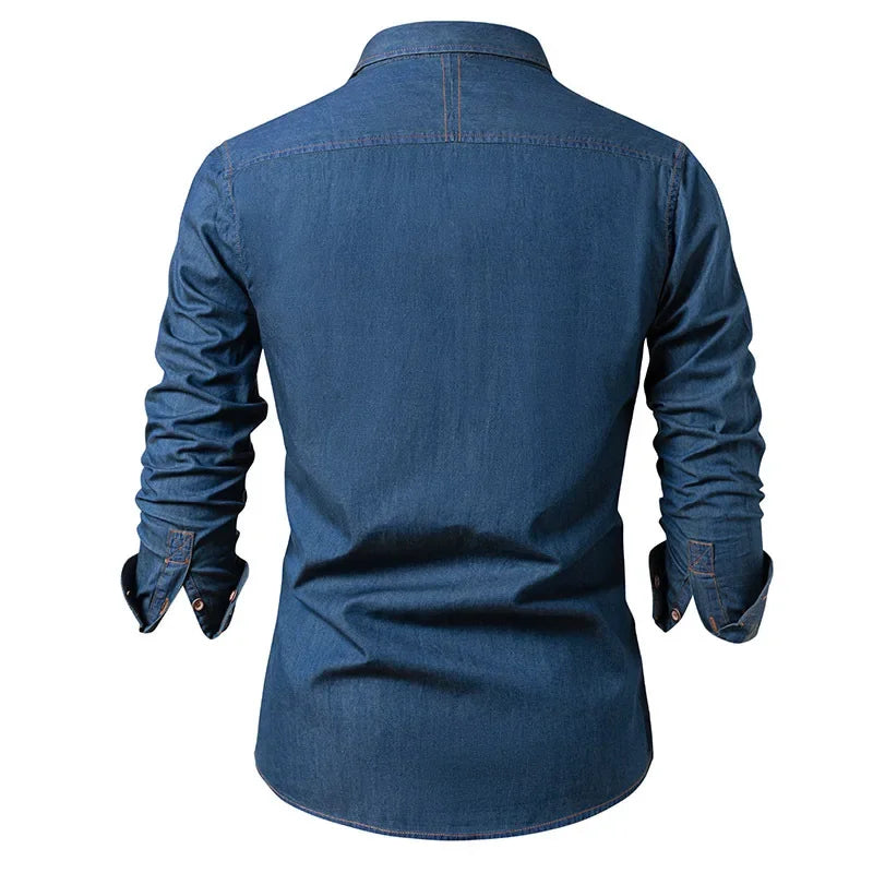 Herren Langarmhemd mit Kentkragen und Brusttasche, Denim-Optik