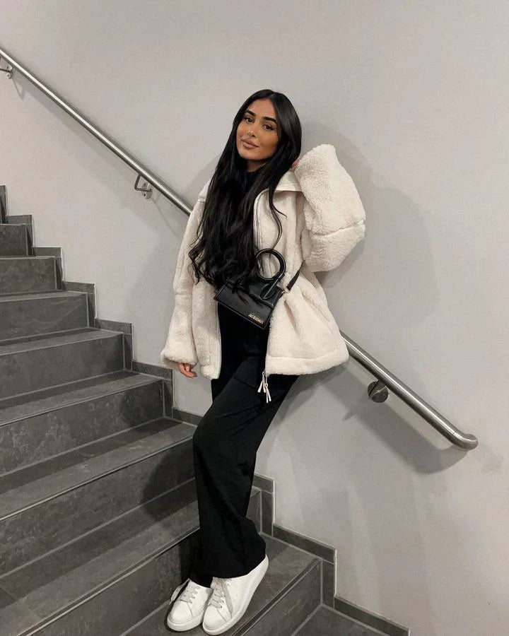 Damen Oversized Teddyjacke mit Stehkragen und Reißverschluss