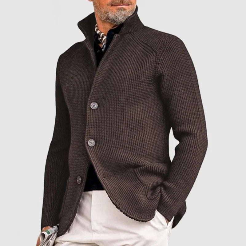Herren Strickjacke mit Stehkragen und Knopfleiste, Grobstrick