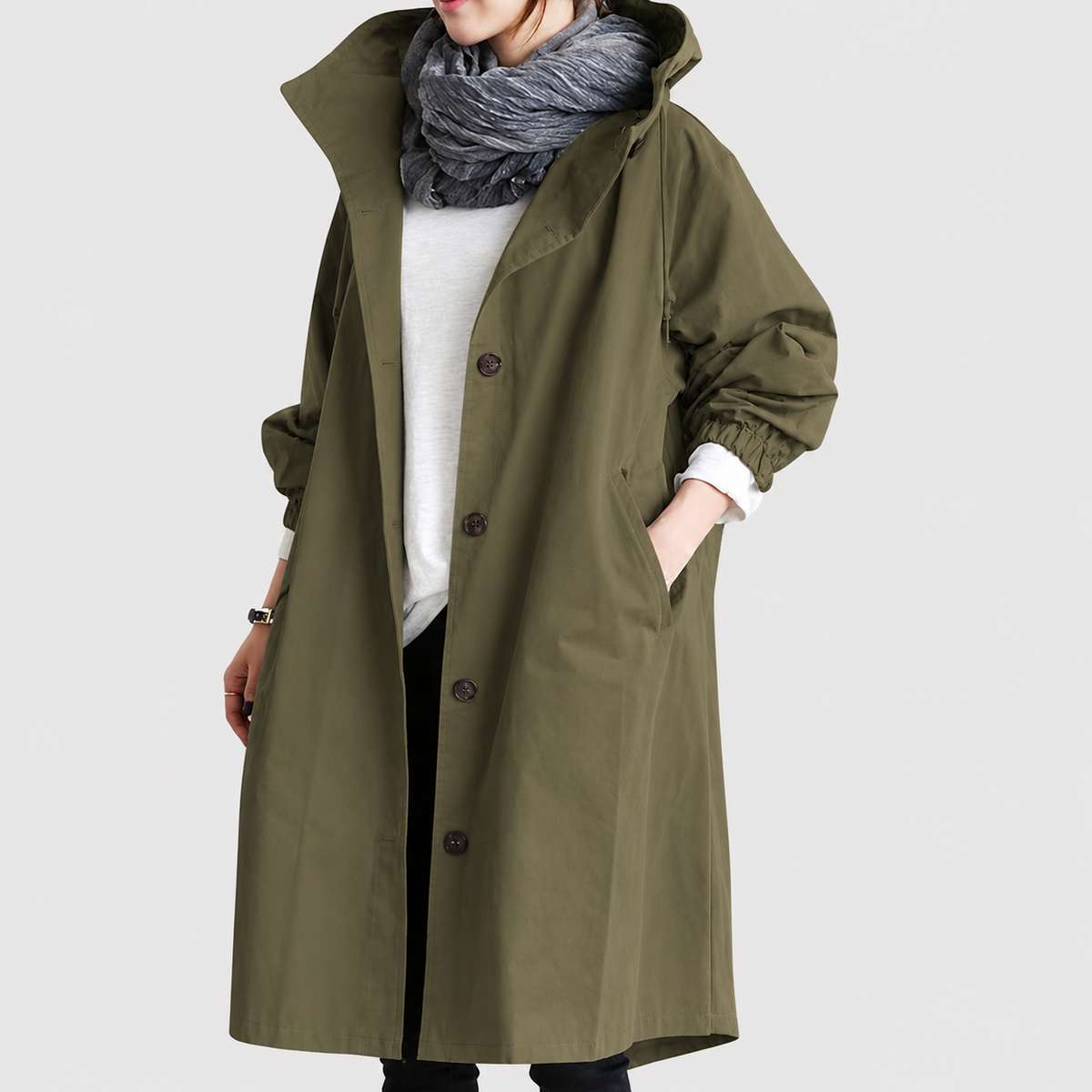 Bayer Modehaus - Damen Oversized Mantel mit Kapuze, langer Übergangsmantel in Armeegrün