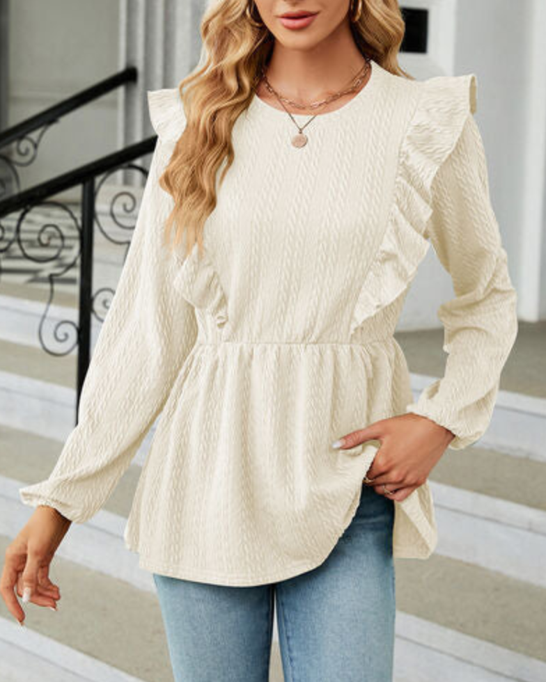 Bluse Damen Elegant, Rüschen, Peplumsaum, Jacquardstruktur, Langarm