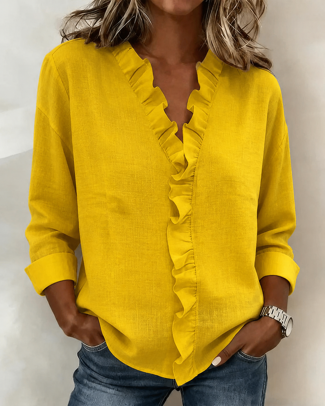 Damen Bluse mit Rüschen und V-Ausschnitt, langarm, Ansicht 8