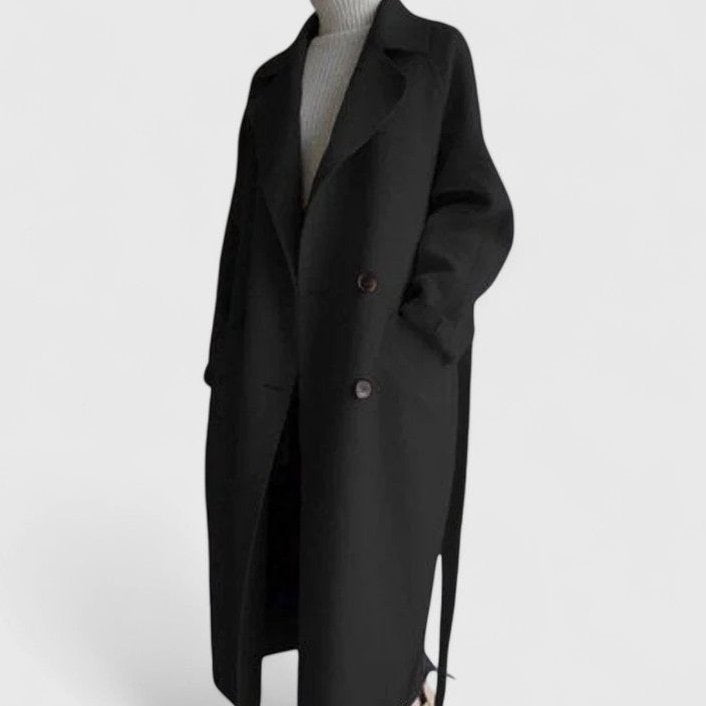Bayer Modehaus - Damen Langer Zweireiher-Mantel mit Bindegürtel, Oversized in Schwarz