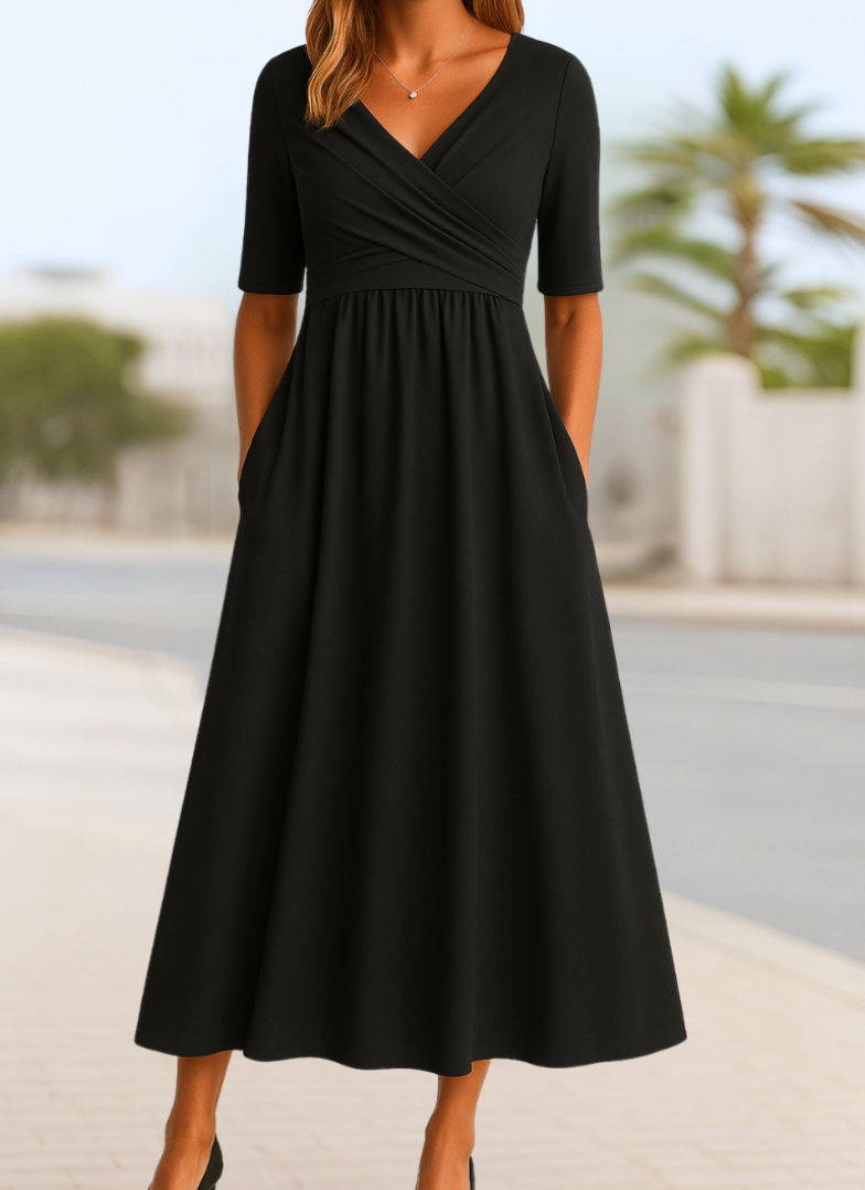 Kleid Damen Wickelkleid Midilang V Ausschnitt Taschen Jersey