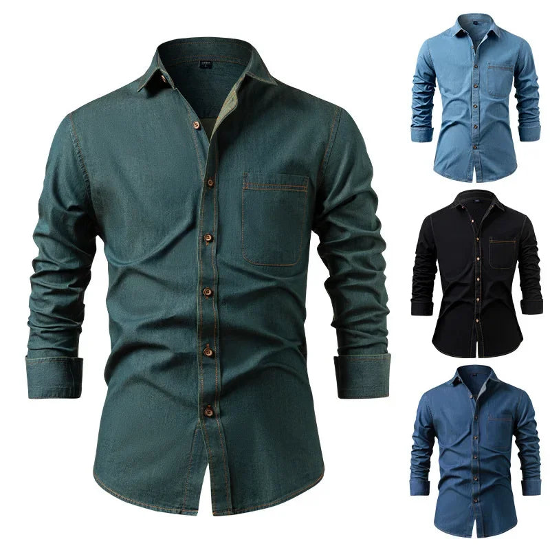Herren Langarmhemd mit Kentkragen und Brusttasche, Denim-Optik