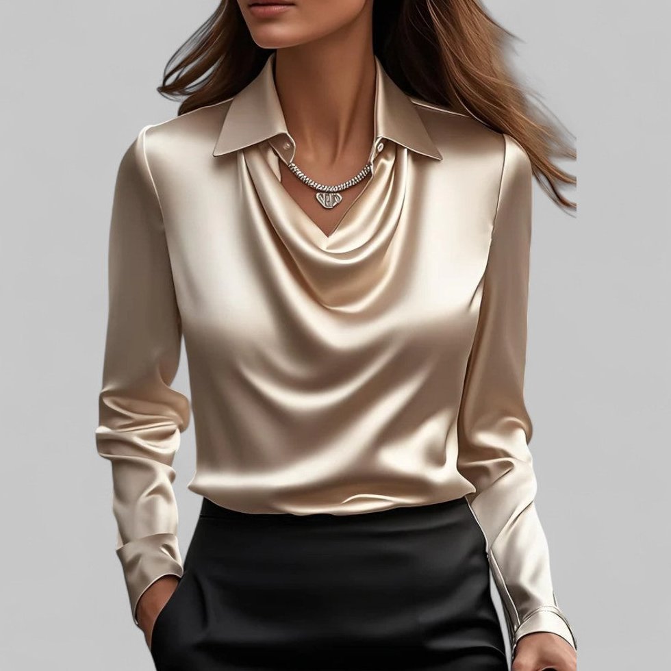 Bluse Damen Satin mit Wasserfallausschnitt und Manschetten