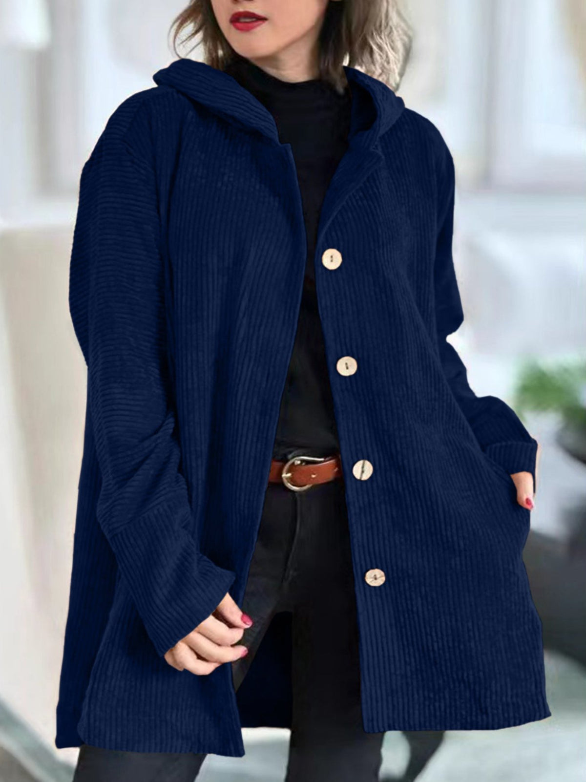 Bayer Modehaus - Damen Lange Cordjacke mit Kapuze und Knopfleiste in Marineblau