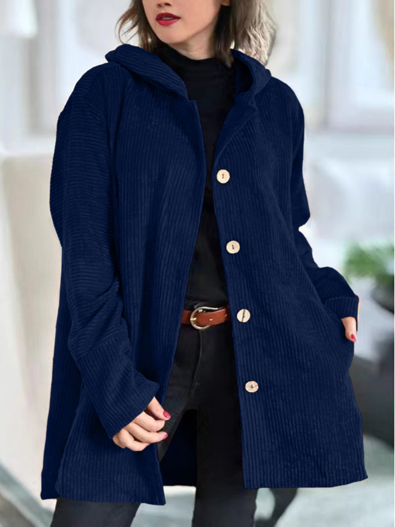 Damen Lange Cordjacke mit Kapuze und Knopfleiste in Marineblau