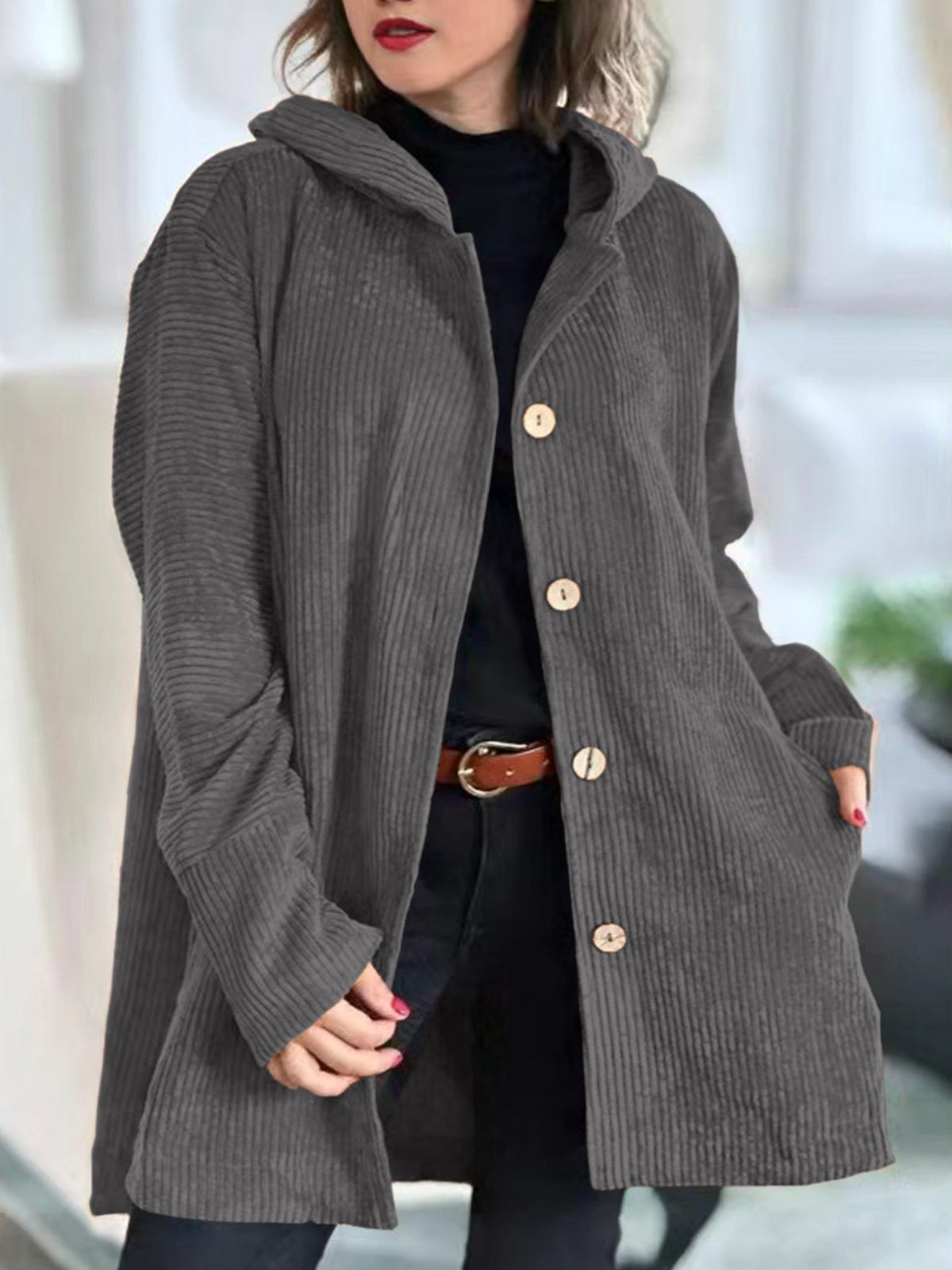 Bayer Modehaus - Damen Lange Cordjacke mit Kapuze und Knopfleiste in Grau
