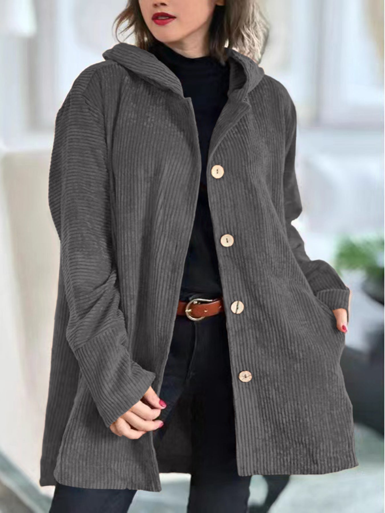 Damen Lange Cordjacke mit Kapuze und Knopfleiste in Grau