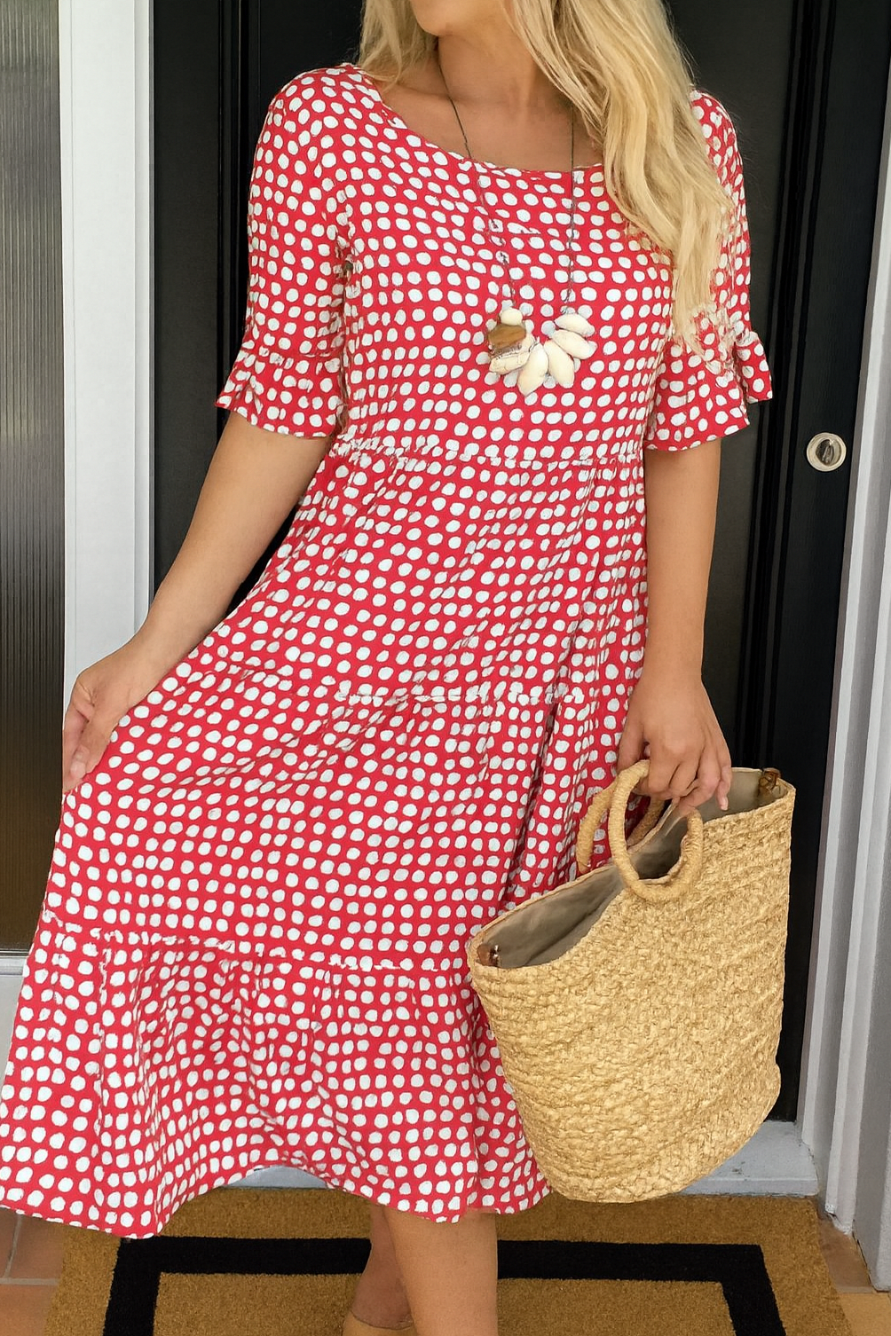 Bayer Modehaus - Damen Midikleid mit Punkte-Muster, Halbarm und Stufenrock in Rot