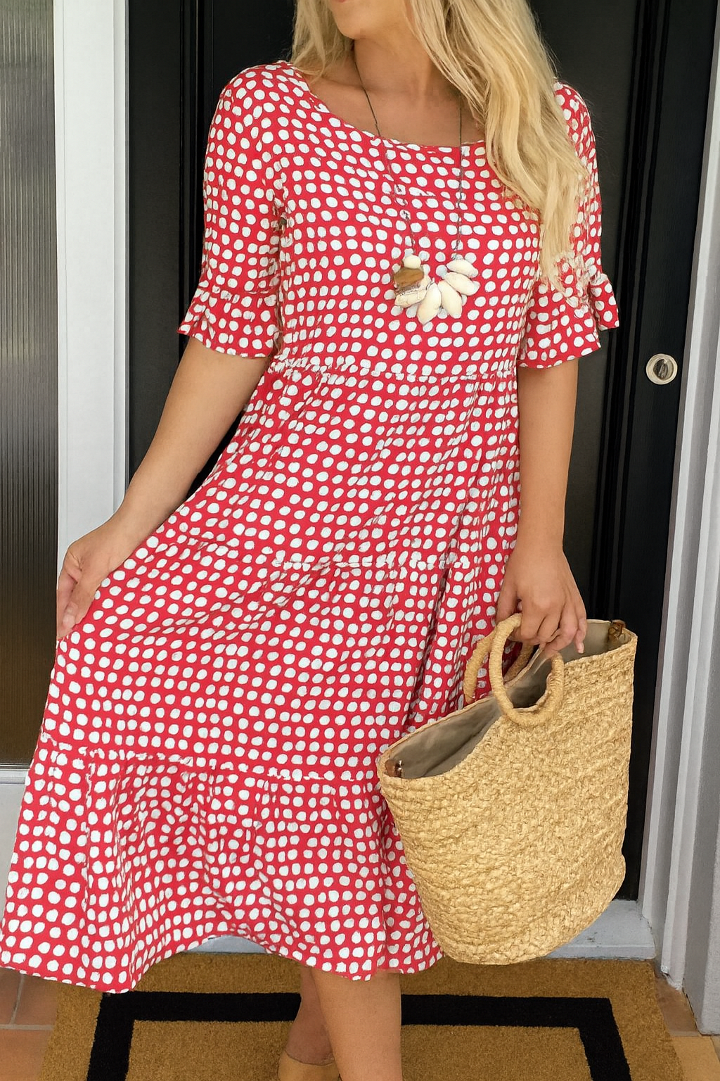 Damen Midikleid mit Punkte-Muster, Halbarm und Stufenrock, Ansicht 9