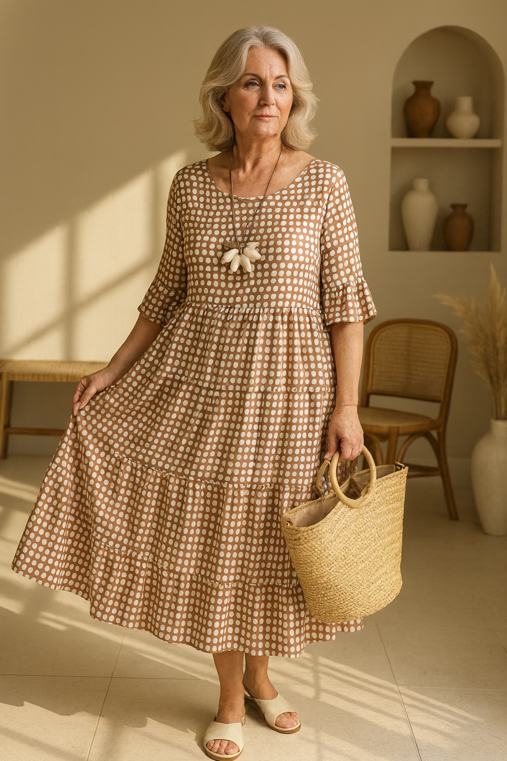 Bayer Modehaus - Damen Midikleid mit Punkte-Muster, Halbarm und Stufenrock - Produktbild 1