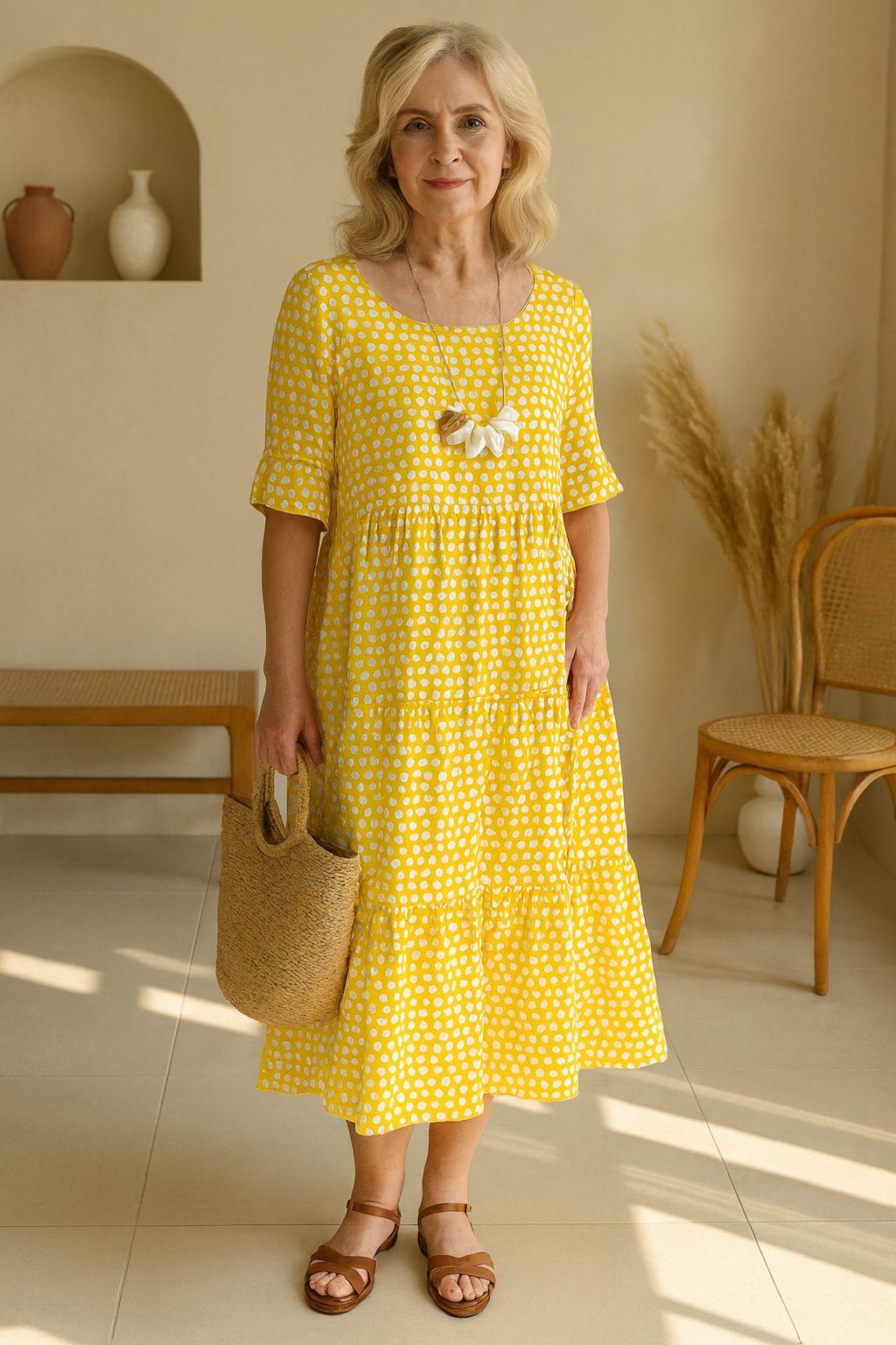 Damen Midikleid mit Punkte-Muster, Halbarm und Stufenrock, Ansicht 6
