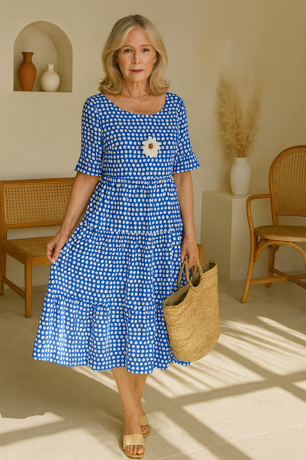 Damen Midikleid mit Punkte-Muster, Halbarm und Stufenrock, Ansicht 8