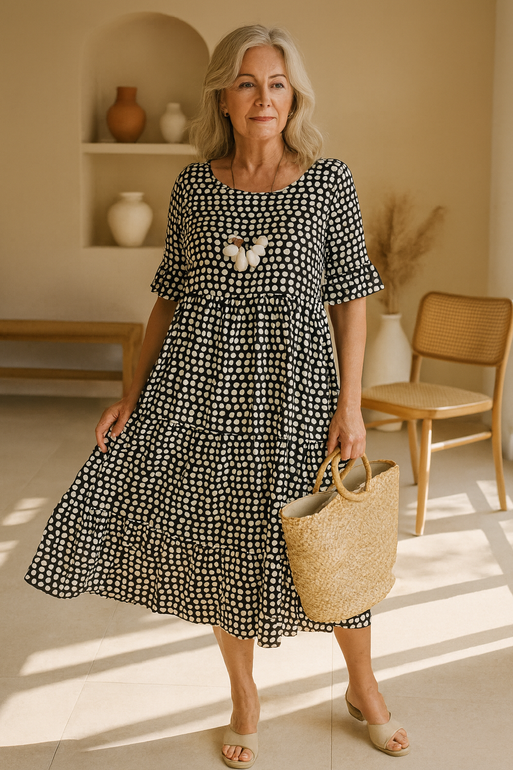 Bayer Modehaus - Damen Midikleid mit Punkte-Muster, Halbarm und Stufenrock - Produktbild 3