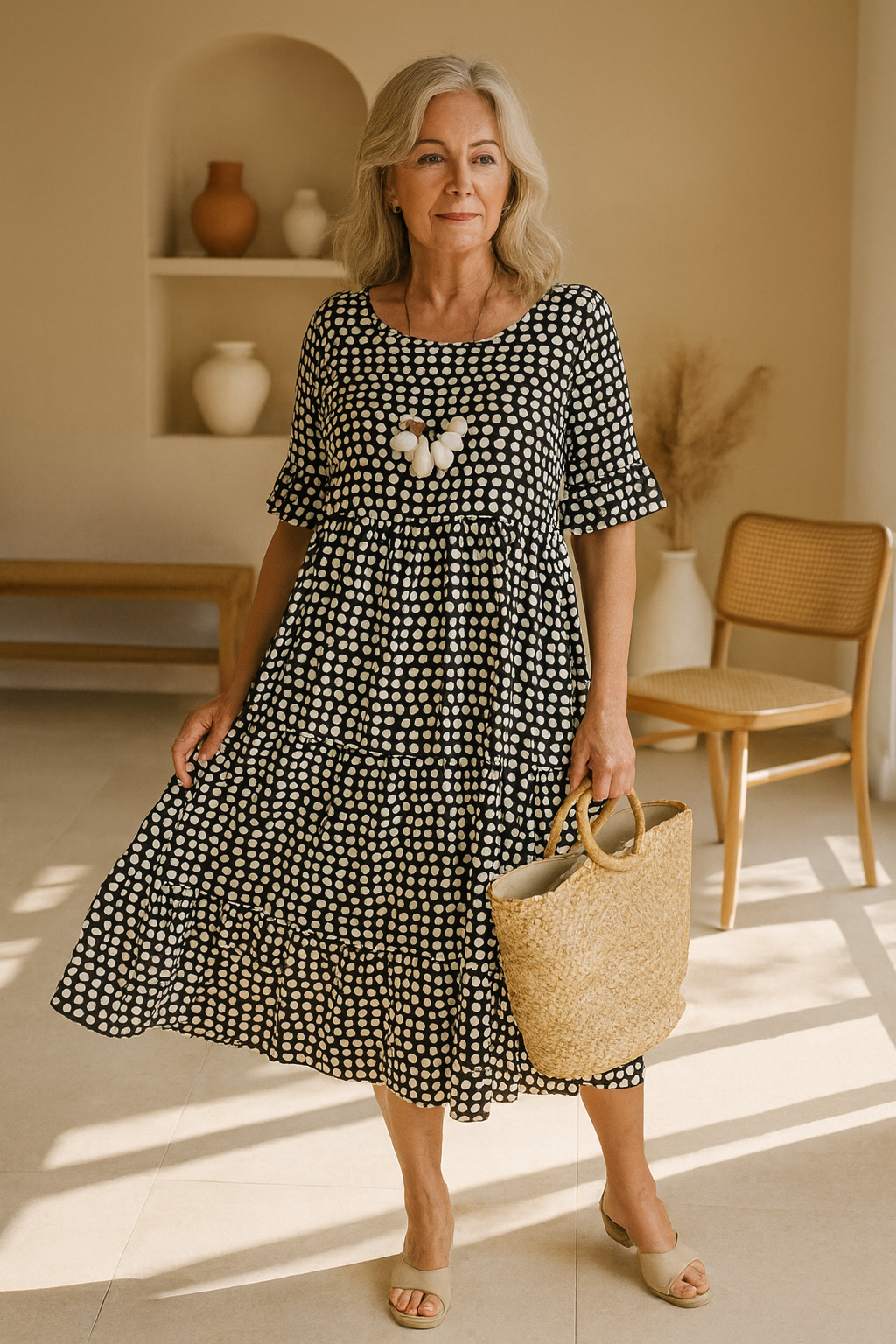 Midikleid mit Punkte-Muster, Ganzkörperansicht in Schwarz