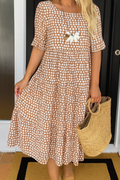 Midikleid mit Punkte-Muster, Halbarm und Volantstufen in Braun