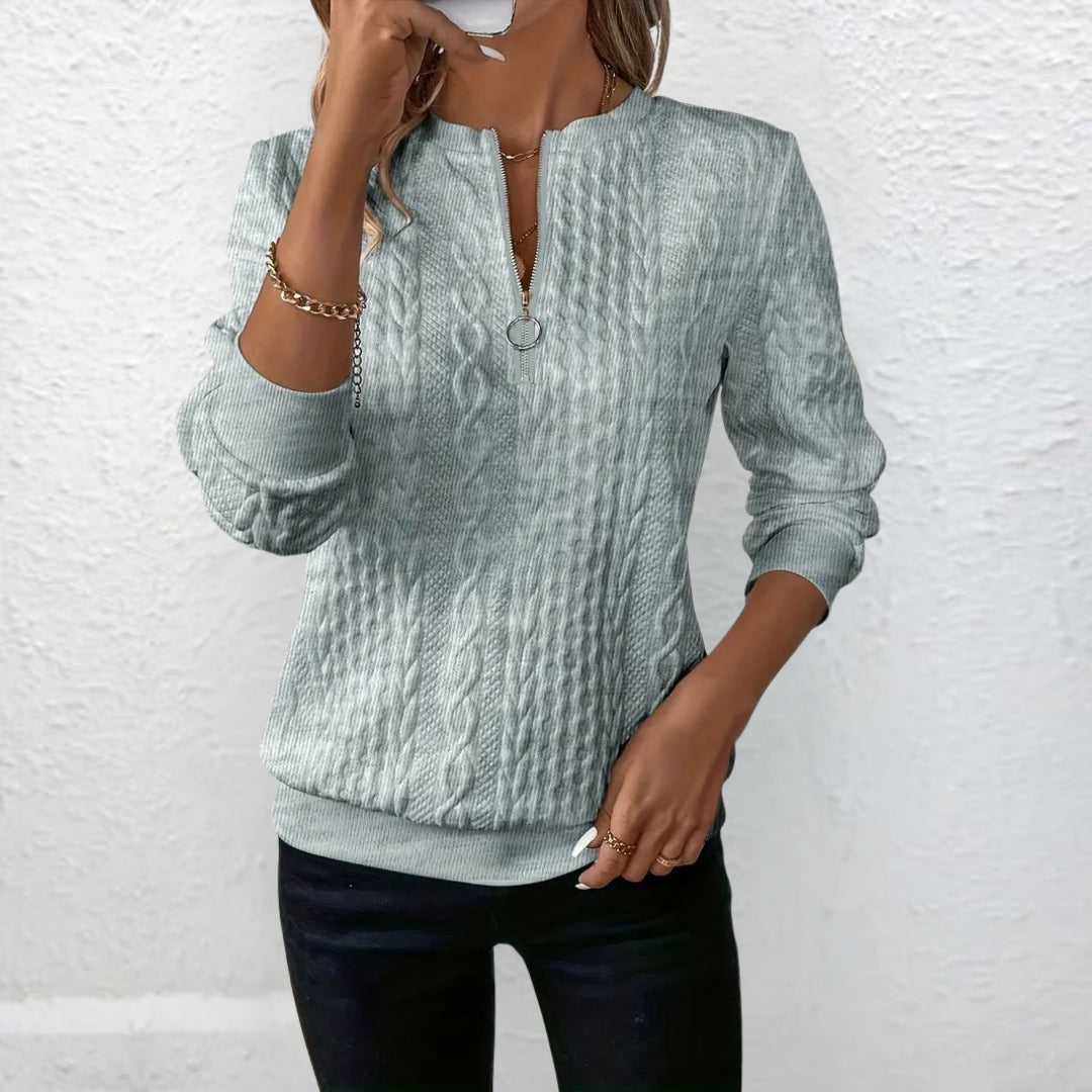 Damen Strickpullover mit Zopfmuster und Reißverschluss in Grau
