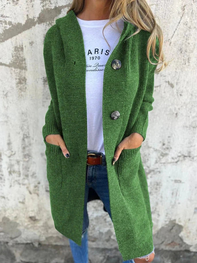 Bayer Modehaus - Damen Longcardigan in Rippstrick mit Kapuze und Taschen in Grün