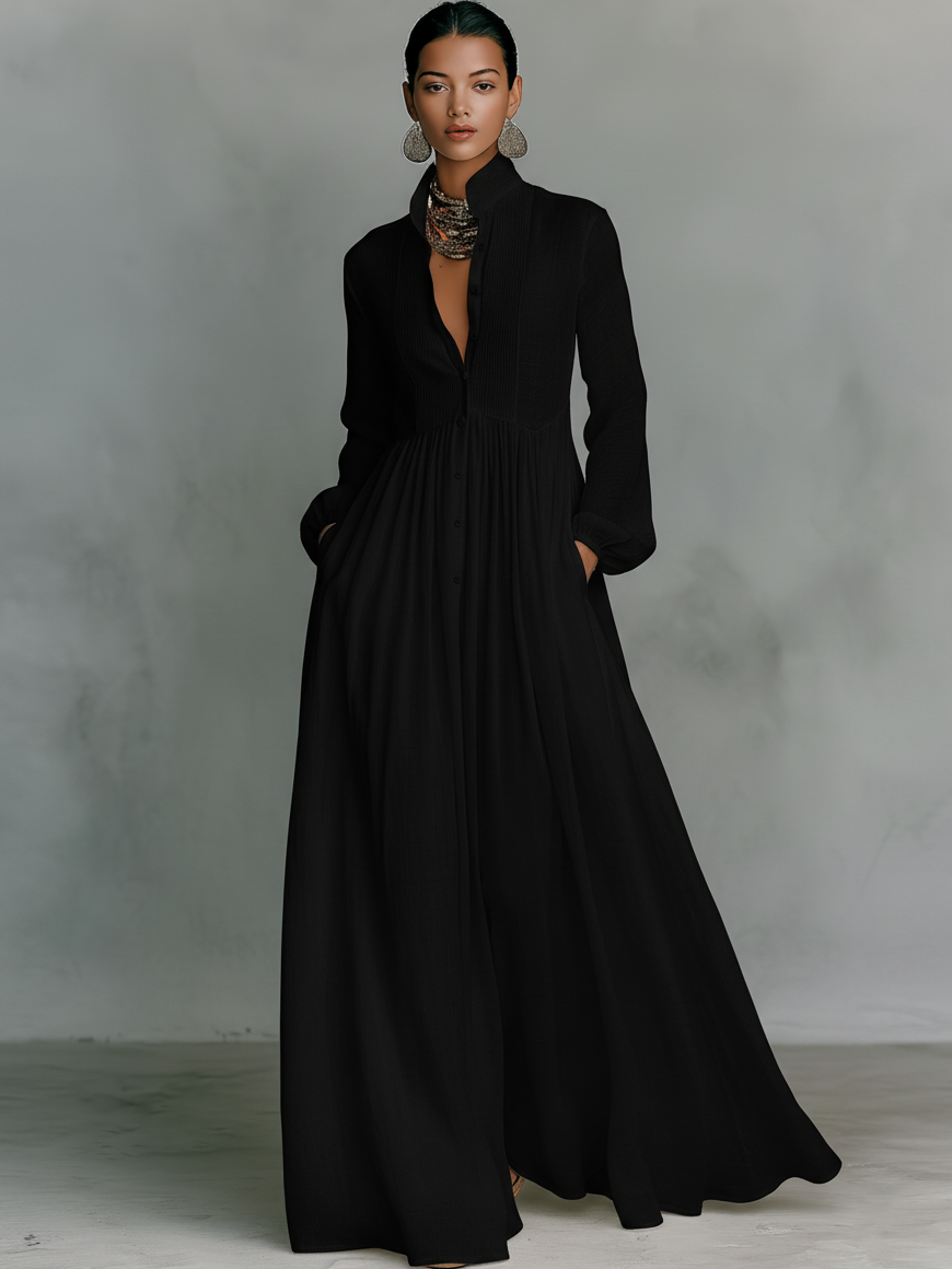 Blusenkleid Damen Maxikleid, Faltenrock, Kragen, Knopfleiste, Taschen