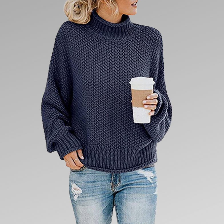 Bayer Modehaus - Damen Grobstrickpullover mit Rollkragen und weiten Ärmeln in Blau