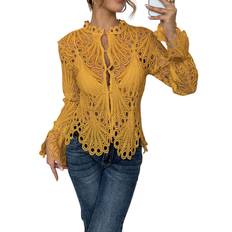 Bluse Damen Elegant Spitzenbluse Langarm mit Lochspitze Trompetenärmel