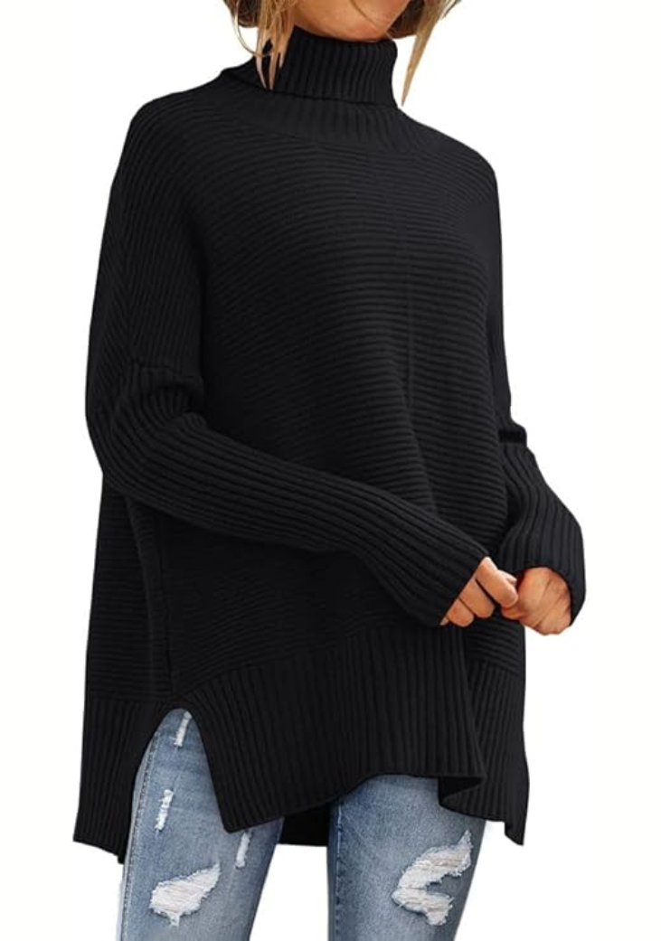 Damen Rollkragenpullover in Rippstrick mit Seitenschlitzen in Schwarz