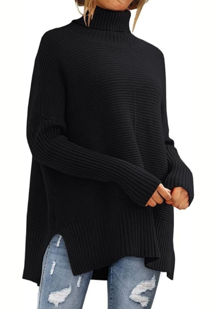 Bayer Modehaus - Damen Rollkragenpullover in Rippstrick mit Seitenschlitzen in Schwarz