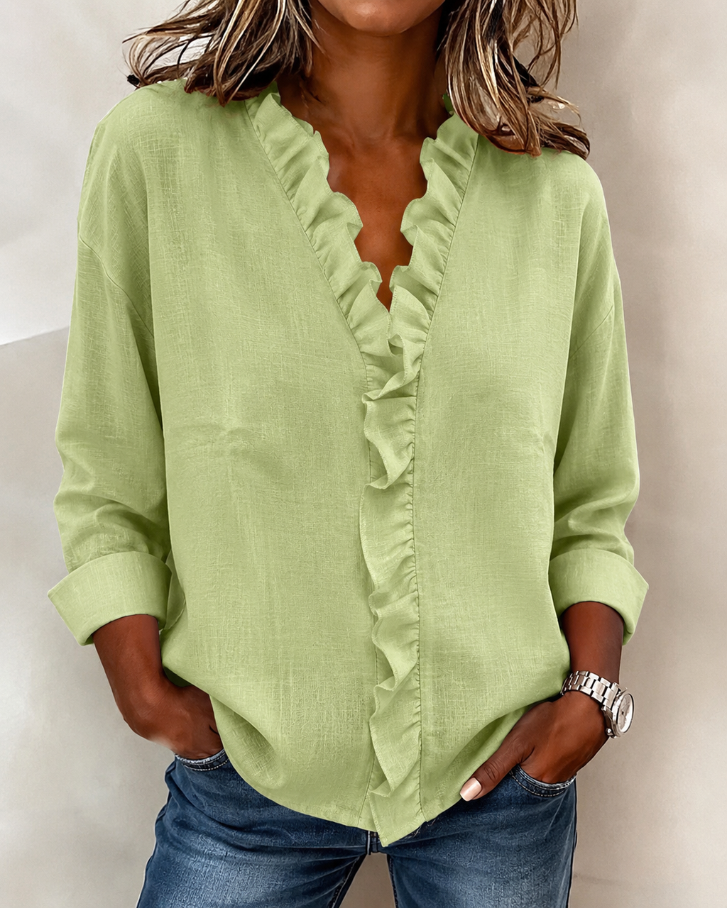 Damen Bluse mit Rüschen und V-Ausschnitt, langarm, Ansicht 11
