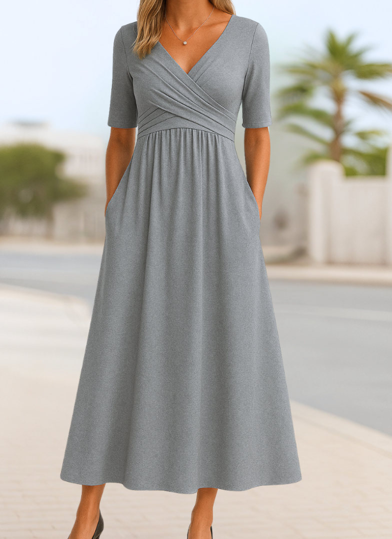 Kleid Damen Wickelkleid Midilang V Ausschnitt Taschen Jersey
