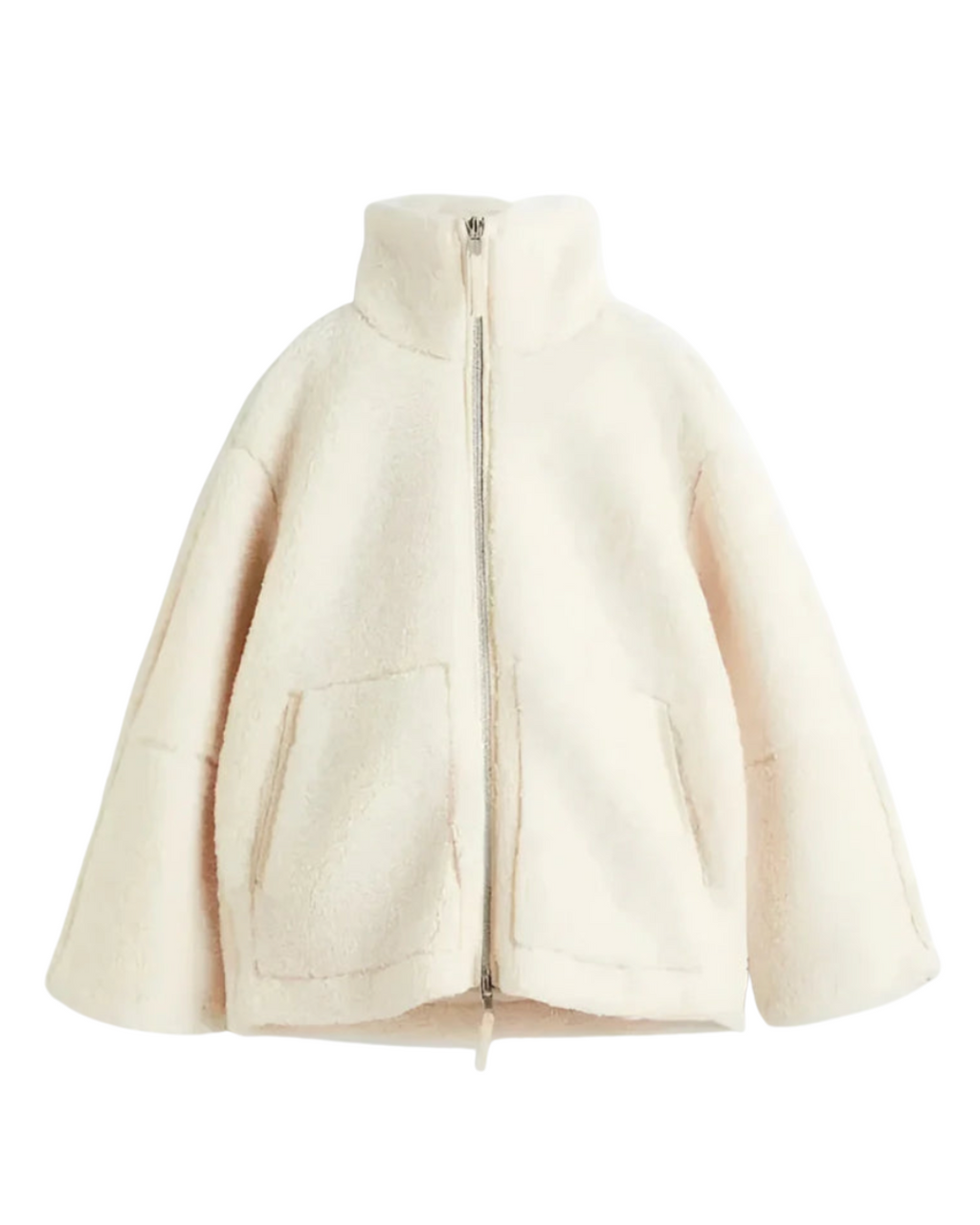Oversized Teddyjacke mit Stehkragen und Reißverschluss in Creme