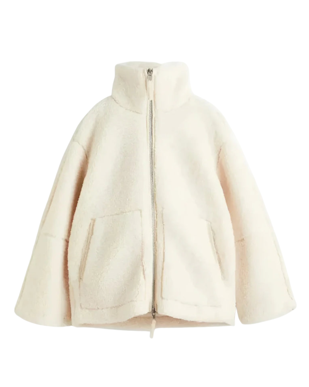 Oversized Teddyjacke mit Stehkragen und Reißverschluss in Creme