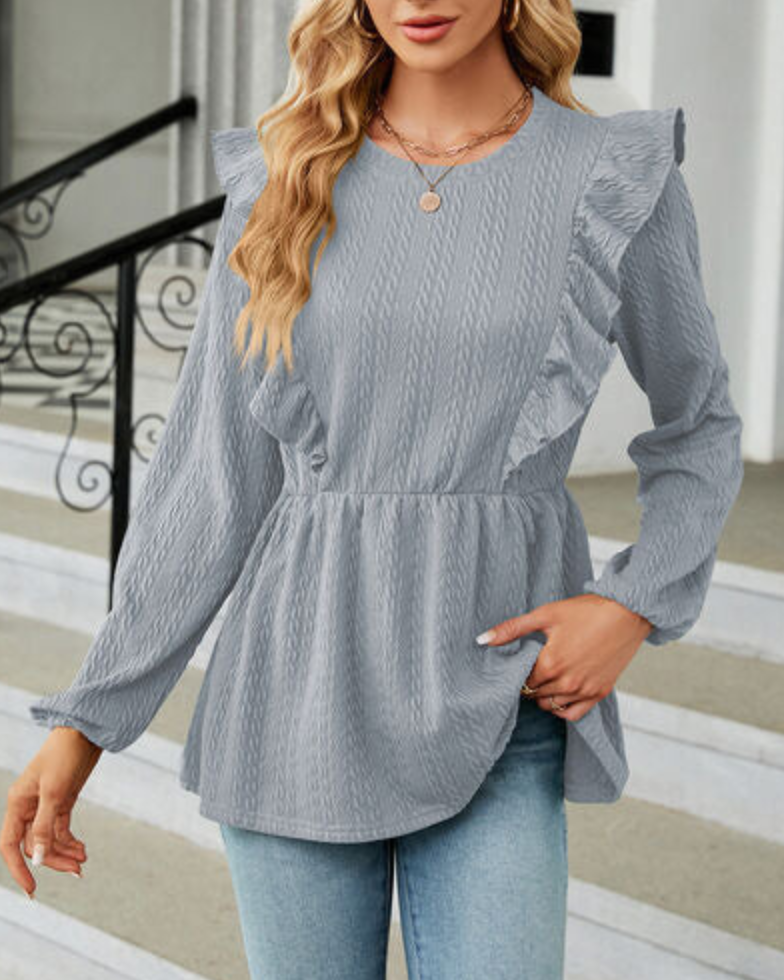 Bluse Damen Elegant, Rüschen, Peplumsaum, Jacquardstruktur, Langarm