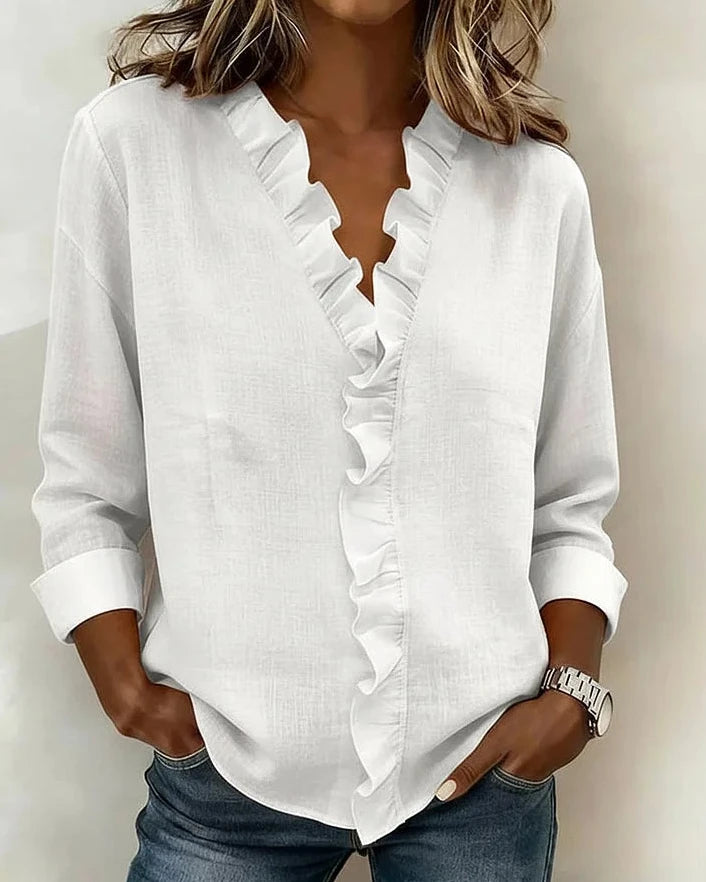 Bayer Modehaus - Damen Bluse mit Rüschen und V-Ausschnitt, langarm in Weiß