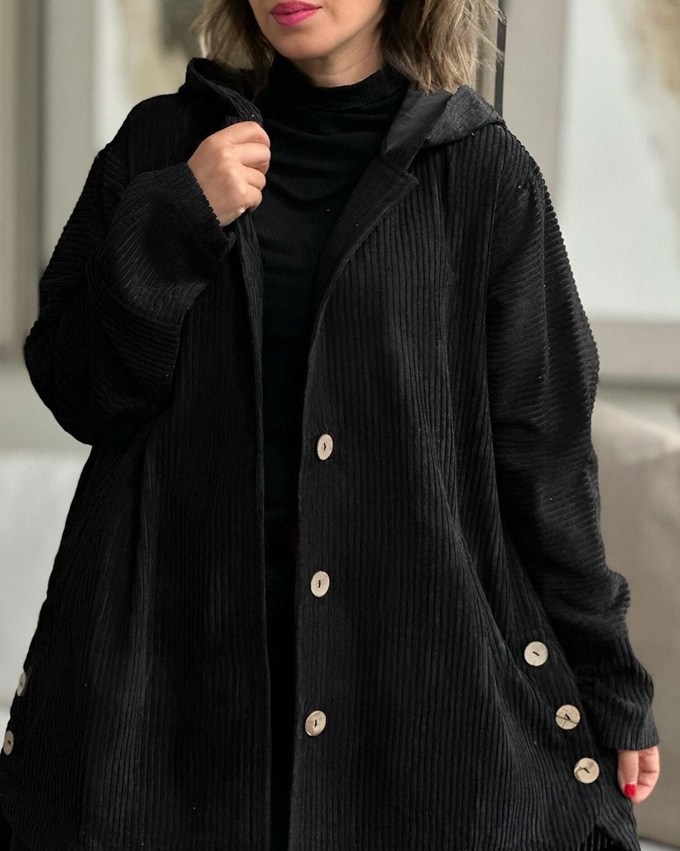 Bayer Modehaus - Damen Lange Cordjacke mit Kapuze und Knopfleiste in Schwarz