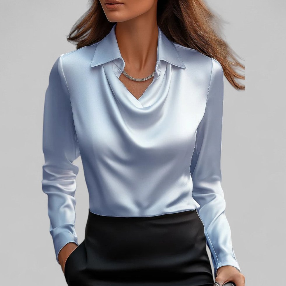 Bluse Damen Satin mit Wasserfallausschnitt und Manschetten